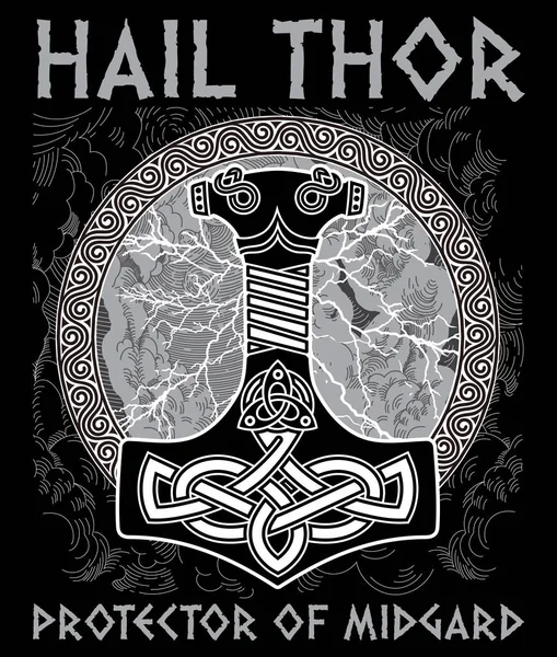 Thor Hamer Mjollnir Tegen Achtergrond Van Glinsterende Bliksem Het Scandinavische — Stockvector