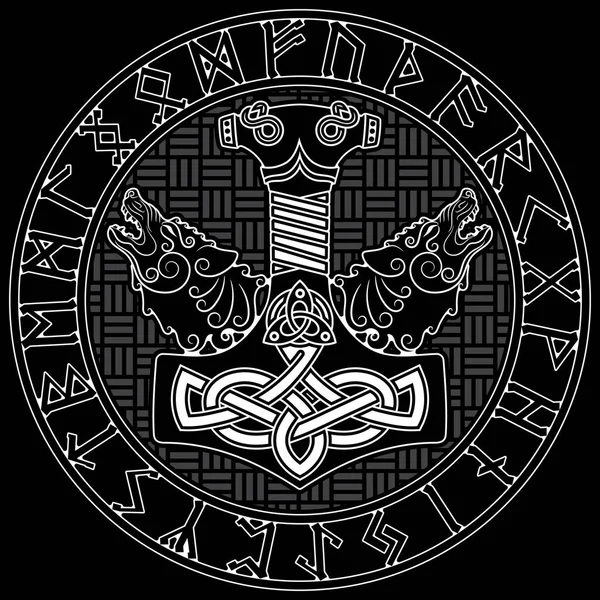 Thor Hammer Mjollnir Scandinavian Runes Ornament Two Wolfs Isolated White — Stock Vector