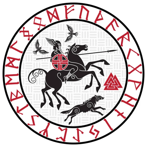 神Wotan 槍と馬Sleipnirに乗って ノースの輪の中に2つのレイブンスが走ります 白地に孤立した北欧神話のイラストベクトルイラスト — ストックベクタ