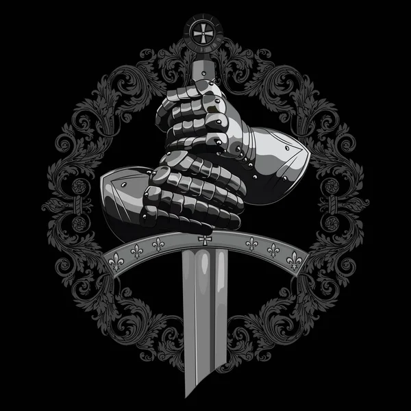 Desenho Cavaleiro Luvas Armadura Cavaleiro Escudo Espada Cruzado Isoladas Preto — Vetor de Stock