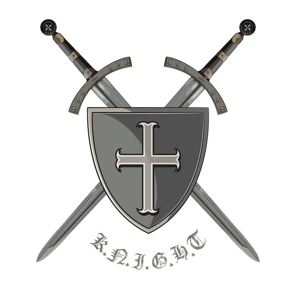 Ritterschwert Zwei Gekreuzte Schwertritter Und Mittelalterlicher Wappenschild Isoliert Auf Weiß — Stockvektor