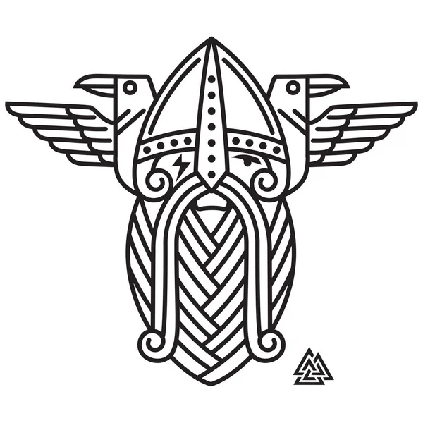 Dios Odín Dos Cuervos Ilustración Mitología Nórdica Aislada Blanco Ilustración — Vector de stock