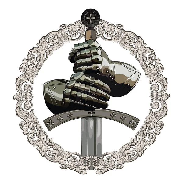 Rękawice Pancerne Rycerza Miecz Krzyżowca Oprawie Średniowiecznego Ornamentu Odizolowane Białej — Wektor stockowy