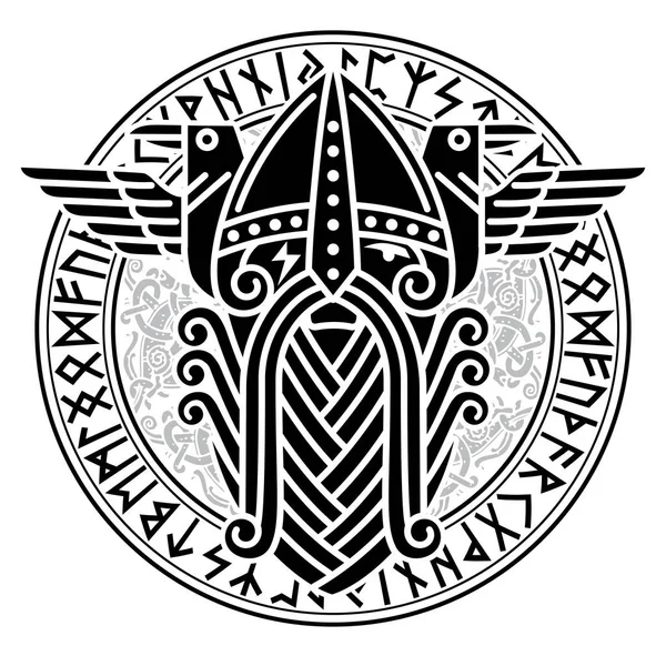 ノルスの輪の中で神Wotanと2つのレイブンスが走ります 白地に孤立した北欧神話のイラストベクトルイラスト — ストックベクタ