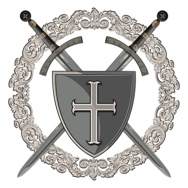 騎士のデザイン 中世の装飾と中世の紋章の盾のフレーム内の剣の二つの十字架騎士 白に分離 ベクトル図 Eps — ストックベクタ