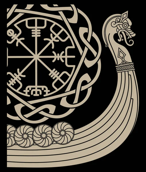 バイキングの軍艦だ ドラッカー 古代のスカンジナビアのパターンとノルスのルーン ベクトル図に孤立 — ストックベクタ