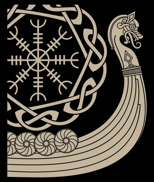 Navio Guerra Dos Vikings Drakkar Antigo Padrão Escandinavo Runas Nórdicas — Vetor de Stock