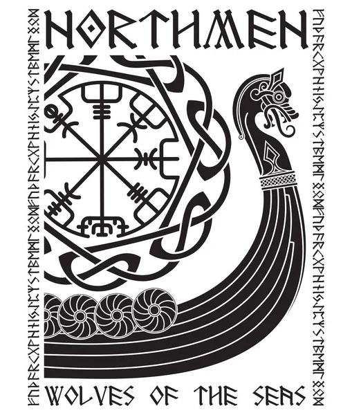 Warship Vikings Drakkar Ancient Scandinavian Pattern Norse Runes Isolated White — Stock vektor