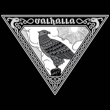 Viking, İskandinav tasarımı. Eski usul bir kartal resmi, Kelt İskandinav deseni kuş şeklinde ve Valhalla yazısı, siyah, vektör çizimi