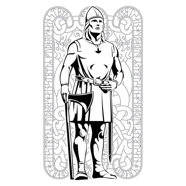 Viking Design Old Norse Warriors Axe Sword Isolated White Vector — Vettoriale Stock