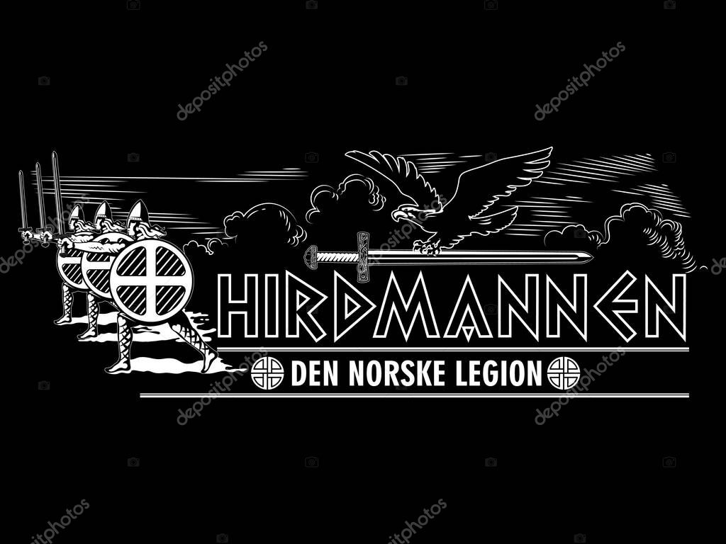 Viking design. Old Norse warriors with shield and sword, isolated on black, vector illustration