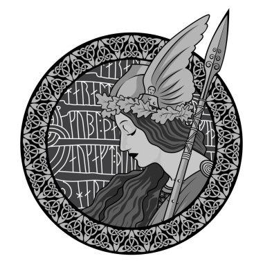 Valkyrie, İskandinav mitolojisinin illüstrasyonu, Art Nouveau tarzında çizilmiş, beyaz üzerine izole edilmiş, vektör illüstrasyonu