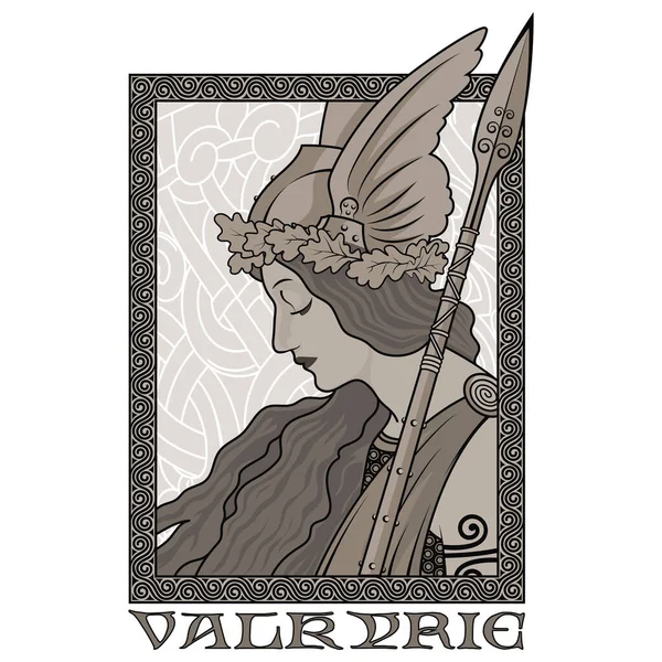 Valkyrie Illustration Scandinavian Mythology Drawn Art Nouveau Style Isolated White — Stock Vector