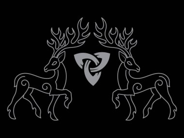 Vintage retro illustration. Deer drawn in the ancient Celtic Scandinavian style, isolated on black, vector illustration clipart