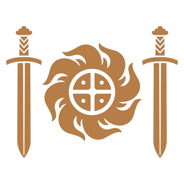 Кельтський Скандинавський Дизайн Сонце Зображене Стилі Етнічного Вінтажу Два Мечі — стоковий вектор