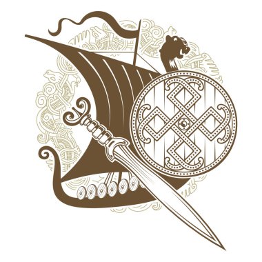 Ancient Scandinavian design. Viking ship Drakkar, sword, shield and Old Norse pattern, isolated on white, vector illustration