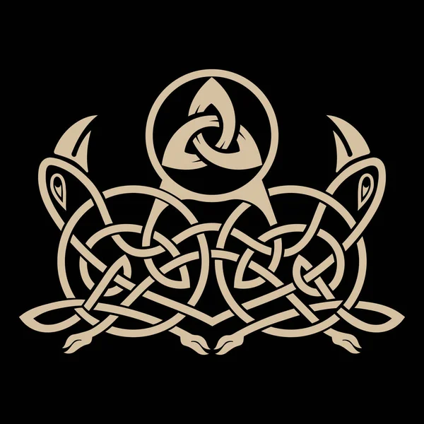 Древний Кельтский Скандинавский Орнамент Воронами Головы Нарисованные Винтажном Стиле Ретро — стоковый вектор