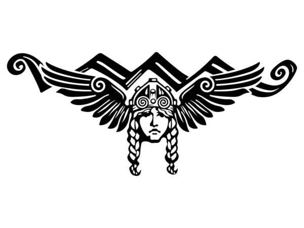 Дизайн Вікінгів Валькірія Крилатому Шоломі Зображення Валкірії Жінки Воїна Скандинавської — стоковий вектор