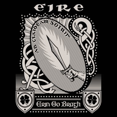 Irish Celtic design in vintage, retro style. Ethnic knot ornament and Celtic style clover. The inscription in Gaelic - An Claidheamh Solulis - Sword of Light, isolated on black, vector illustration