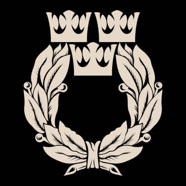 İsveç 'in Heraldik sembolü. Üç kraliyet tacı ve defne çelengi, siyah üzerine izole edilmiş, vektör illüstrasyonu.