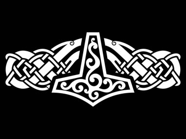 İskandinav Viking tasarımı. Çekiç ve İskandinav süsü, siyah üzerine izole edilmiş, vektör illüstrasyonu