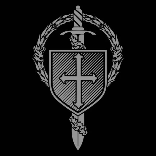 Disegno Cavalleresco Scudo Crociato Con Croce Foglie Quercia Isolato Nero — Vettoriale Stock