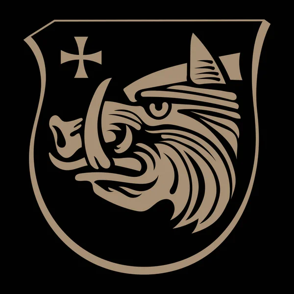 设计在中世纪骑士风格 骑士盾 带有野猪头 纹章符号 在黑色上隔离 矢量图解 — 图库矢量图片