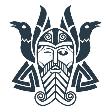 Eski İskandinav tarzı tasarım. Yüce Tanrı Odin, Kelt-İskandinav tarzında çizilmiş iki karga ve runik tabela, beyaz üzerine izole edilmiş, vektör illüstrasyonu