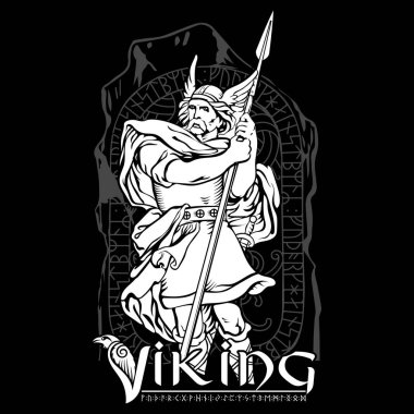Eski İskandinav tasarımı. Kanatlı miğferli bir Viking savaşçısı ve bir mızrakla, siyah üzerine izole edilmiş, vektör çizimi.