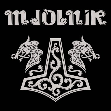 İskandinav Viking tasarımı. Thors çekiç, Eski İskandinav dekorasyonu, ejderhalar ve eski İskandinav tarzında çizilmiş Mjolnir yazısı, siyah, vektör çizimi