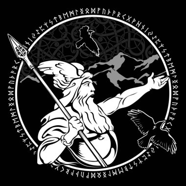 Eski İskandinav tarzı tasarım. Yüce Tanrı Odin, Kelt-İskandinav tarzında çizilmiş iki karga ve runik tabela, siyah üzerine izole edilmiş, vektör çizimi.