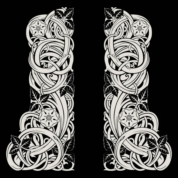 中世の騎士風のデザイン 絡み合ったバラの茂みの茎 葉や花のヴィンテージイラスト 黒で隔離された ベクトルイラスト — ストックベクタ