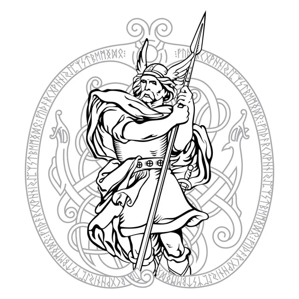 Старый Скандинавский Дизайн Воин Викингов Крылатом Шлеме Копьём Изолированным Белой — стоковый вектор