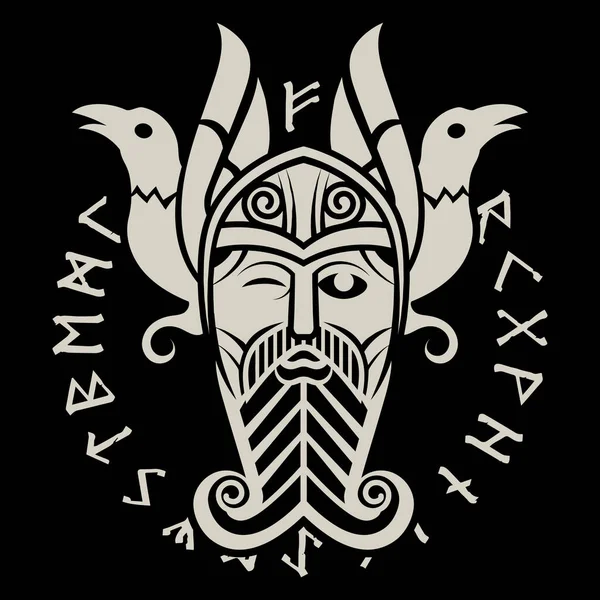 Diseño Estilo Nórdico Antiguo Dios Supremo Odín Dos Cuervos Signos — Archivo Imágenes Vectoriales