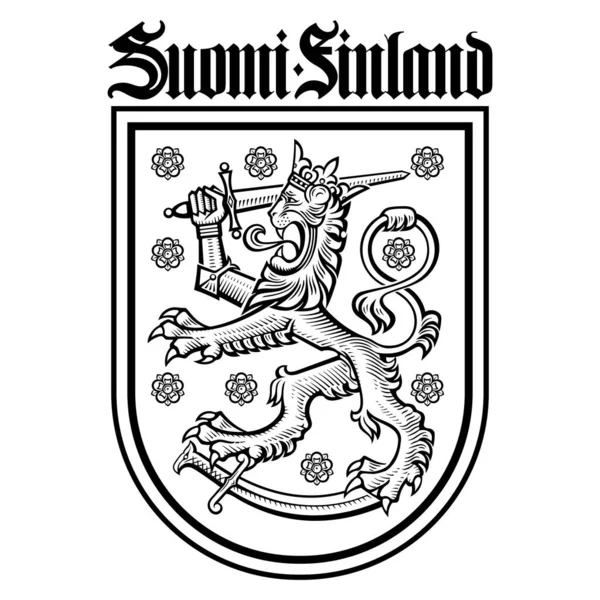 Armoiries Finlandaises Lion Héraldique Épée Viking Dessinés Dans Style Rétro — Image vectorielle