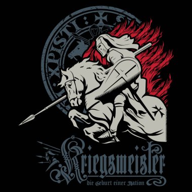 Medieval Knightly Design. Knight Crusader on a war horse with shield and spear, isolated on black, vector illustration