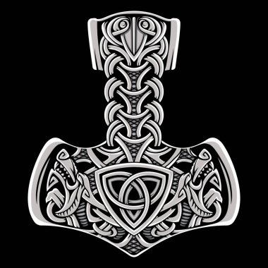 Antik İskandinav tasarımı. Thors Hammer, Mjolnir, kurt başları, şimşek ve Kelt-İskandinav desenli, siyah, vektör illüstrasyonunda izole edilmiş