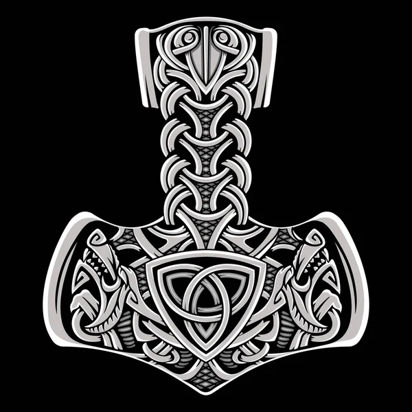 Antiguo Diseño Escandinavo Martillo Thors Mjolnir Con Cabezas Lobo Relámpagos — Vector de stock