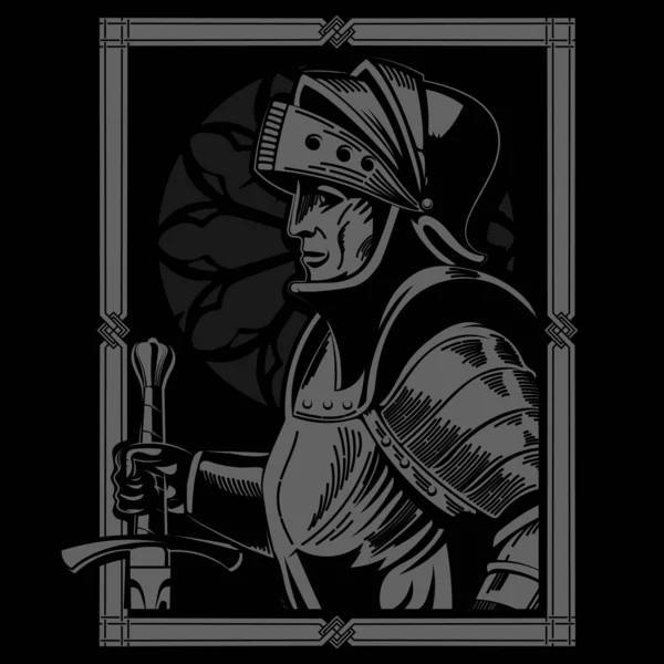 中世風のデザイン 騎士の鎧の戦士は黒 ベクトル図上に隔離されたヴィンテージ中世のフレームで剣を持つ — ストックベクタ