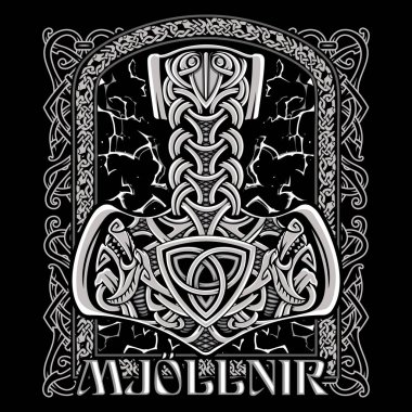 Ancient Scandinavian design. Thors Hammer, Mjolnir, with wolf heads, lightning and a Celtic-Scandinavian pattern, isolated on black, vector illustration clipart