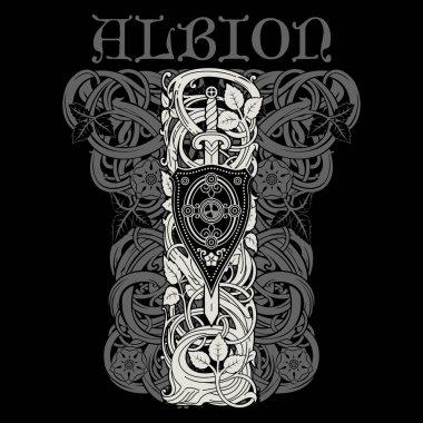 Ortaçağ şövalye tarzı bir tasarım. Kıvırcık saplı, yapraklı ve gül çiçekli, siyah, vektör illüstrasyonlu, şövalye kalkanı ve kılıç.