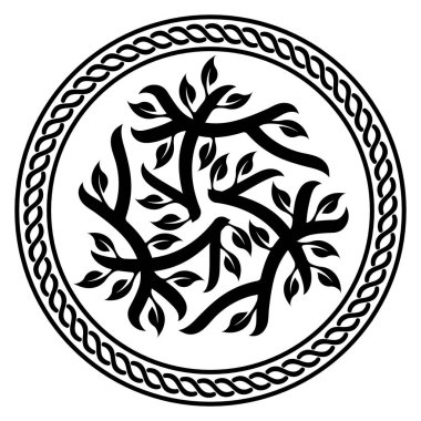 Viking tasarımı. İskandinav mitolojisinden Dünya Ağacı - Yggdrasil ve Kelt deseni, çerçeve. Eski İskandinav tarzında çizilmiş, beyaz üzerine izole edilmiş, vektör illüstrasyonu