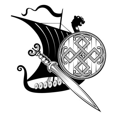Ancient Scandinavian design. Viking ship Drakkar, sword, shield and Old Norse pattern, isolated on white, vector illustration