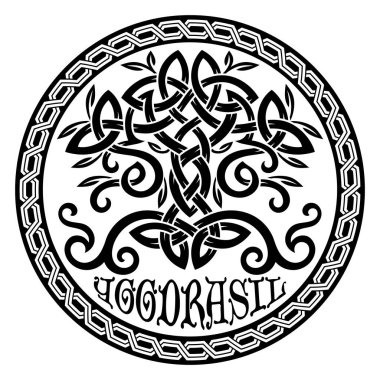 Viking tasarımı. İskandinav mitolojisinden Dünya Ağacı - Yggdrasil ve Kelt deseni, çerçeve. Eski İskandinav tarzında çizilmiş, beyaz üzerine izole edilmiş, vektör illüstrasyonu