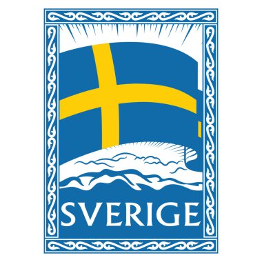 Viking tarzı tasarım. Eski bir İskandinav Kelt deseniyle çerçevelenmiş klasik İsveç bayrağı ve beyaz üzerine izole edilmiş İsveç yazısı, vektör illüstrasyonu