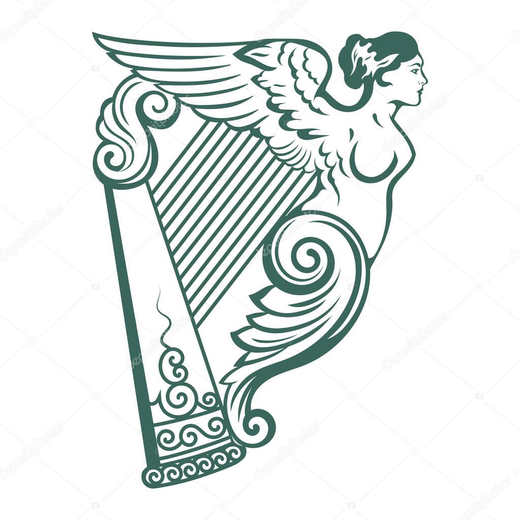 Irish design in vintage, retro style. Harp in the Celtic style with an ethnic ornament in the form of a female figure with wings, isolated on white, vector illustration