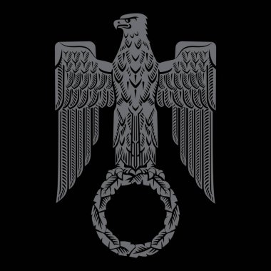 Antika bir tasarım. Pençelerinde meşe yaprağı çelengi olan Roma Kartalı, siyah, vektör çiziminde izole.