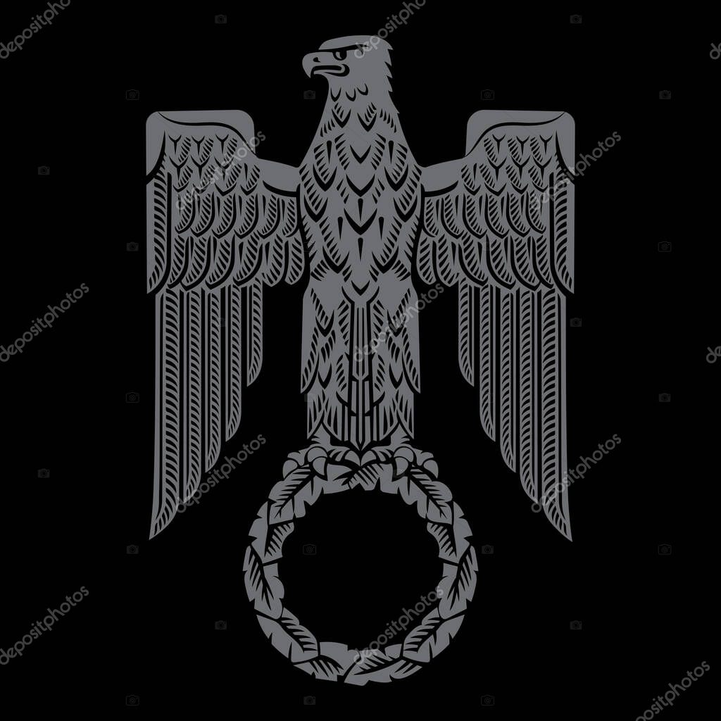 Antique style design. Roman Eagle with a wreath of oak leaves in his paws, isolated on black, vector illustration