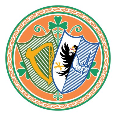 İrlandalı Kelt tasarımı, antika, eski tarz. İrlanda tasarımı, Connacht ve Leinster eyaletleri armalı, beyaz, vektör illüstrasyonlu.
