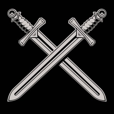 Scandinavian Viking design. Two crossed battle Viking swords, isolated on white, vector icon illustration clipart
